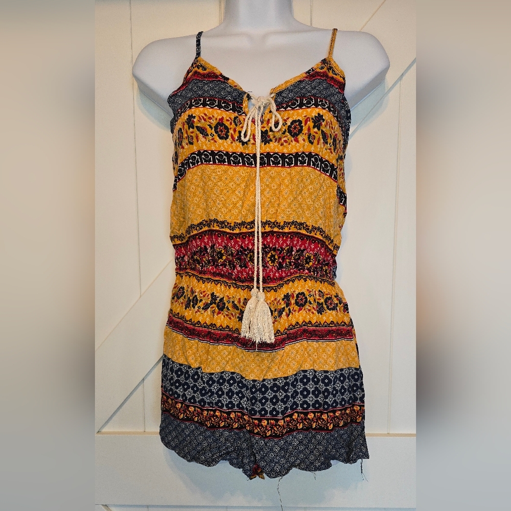 Rue21 Vintage Boho Romper M Yellow Red Blue Rayon Hippie Festival Jumpsuit